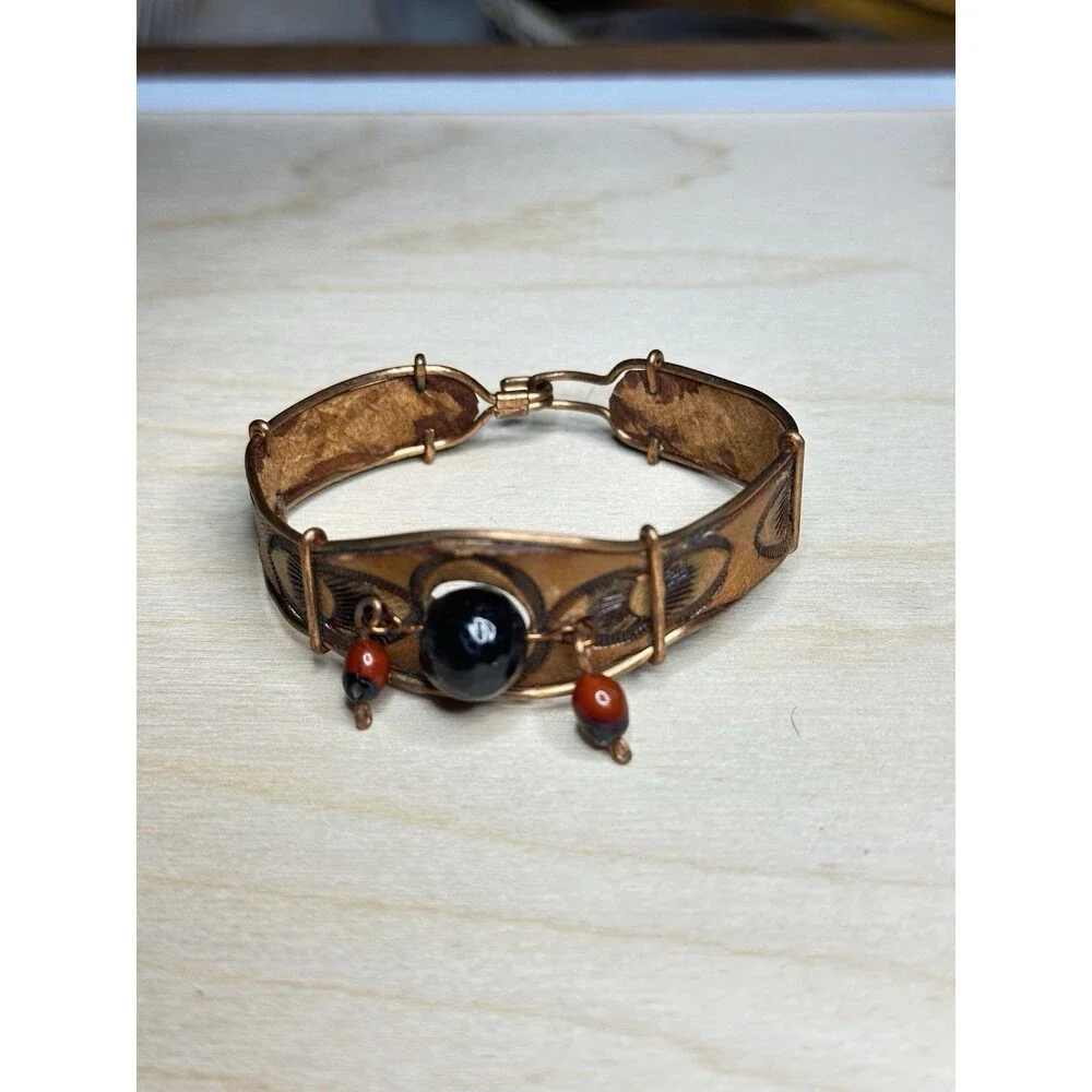 Handmade Artisan Huayruro Seed Leather Copper Wire Bracelet Cuba Bead Dangle